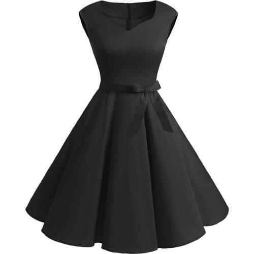 Retro Vintage Dress V Neck Belt Sleeveless High Waist Slim Fit Clothing Office Ladies Red Black Casual Dresses Women