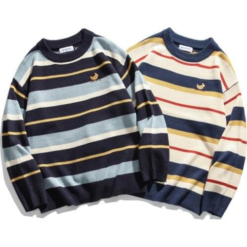 2020 new Hong Kong style literary stripe loose couple sweater for men and women frayed sweater