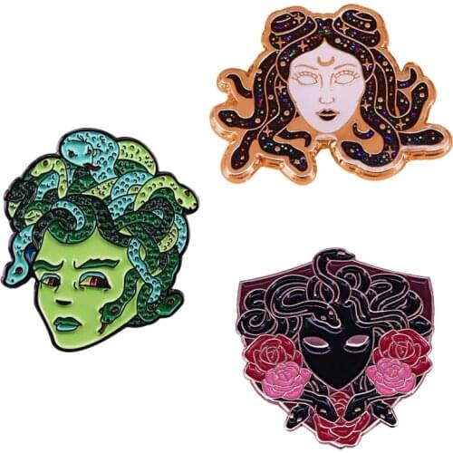 Bleeding Galactic and Roses Medusa Pins Greek Mythology Brooch Creepy Goth Snake Lady Accessory