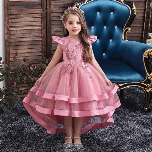 Princess Girls Boutique Tailed Dress Puff Embroidery Jacquard Dress Layered Tulle Dresses Christmas New Year Party Wedding Frock