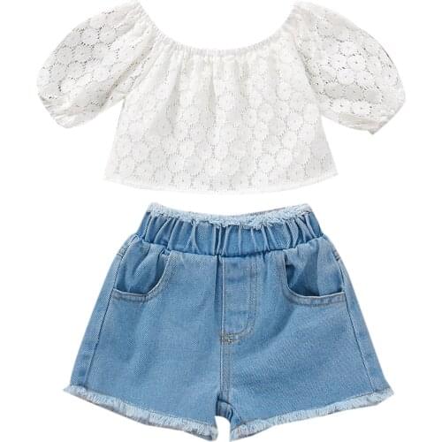 2021 Summer Kids Baby Girl Off Shoulder Lace T-shirt Tops Denim Shorts Jeans 2PCS Outfits Children Girls Clothing Set