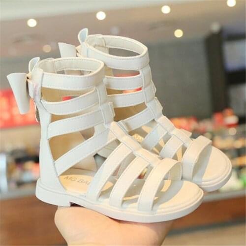 Hot Girls summer sandals Roman Open toe Sandals Girls classic bow Rear Zipper flat shoes Baby fashion High-top sandals 22-31