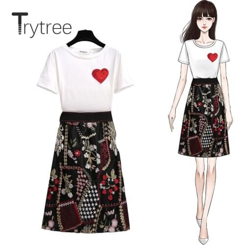 Trytree 2020 Summer Women two piece set Casual O-neck Love 2 Color T-shirt Tops + Skirt Embroidery Fashion Set 2 piece set