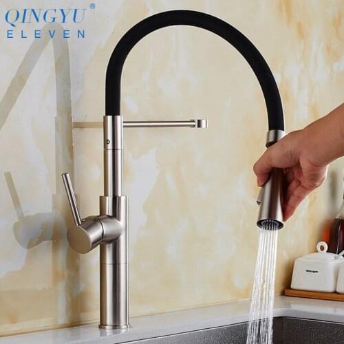 QINGYU ELEVEN Brushed Kitchen Sink Faucets 360 Swivel Solid Brass Single Handle Mixer Sink Tap Pull Out Down Kitchen Sink Faucet