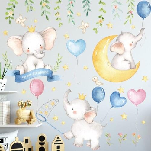 Cartoon small elephants Balloon Moon wall Stickers Paint Style for Living Room Kids Room Wall Decal Baby Nursery Wall Decor Gift