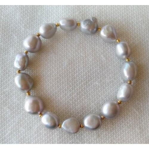New natural Large Pearl Bracelet 9-10mm Gray Baroque Pearl Stretch Bracelet