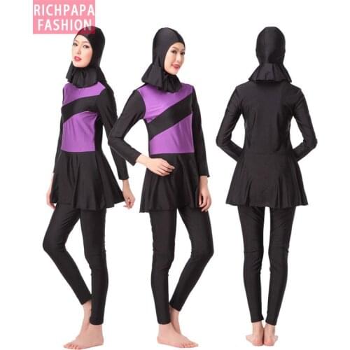 New Modest Islamic Swimwear Foral Patchwork Swimsuit Women Hijab Burkinis Dress Full Cover Swimwear Muslim Beachwear