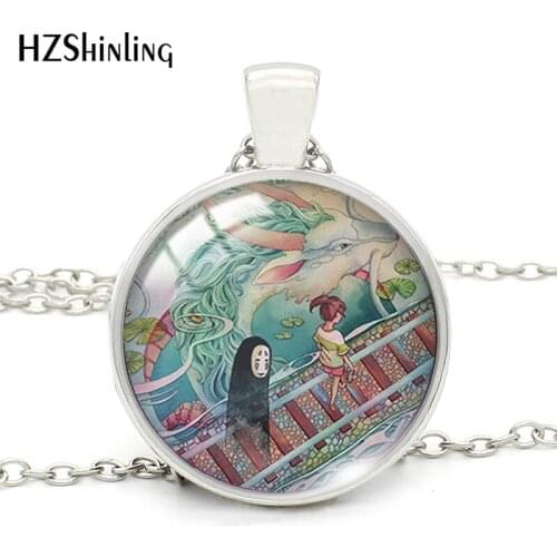 2021 New Arrival spirited-away White Dragon No Face Man Pattern Round Glass Cabochon Pendants Necklace Fashion Jewelry men women