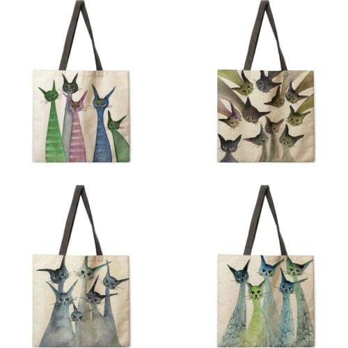 Whimsical cat cat casual tote bag linen bag reusable shopping bag outdoor beach bag casual tote bag