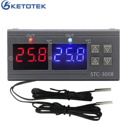 Dual Digital Temperature Controller Two Relay Output Incubator Thermostat Heating Cooling STC-3008 12V 24V 220V