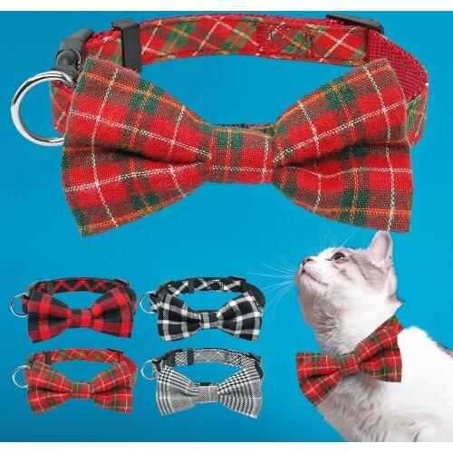 Christmas Cat Collar Puppy Bowtie Kitten Bowknot Collars Plaid Pet Collar For Small Medium Dogs Cats Chihuahua Yorkshire
