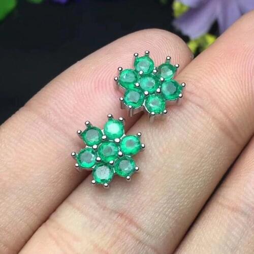 Flower Earring Natural emerald earring Free shipping Real original emerald 925 sterling silver Gem 3mm 14pcs