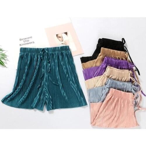 All-match Women Short Pant Summer Casual Lady Loose Solid Leisure Female Stretch High Waist Drawstring Wide Leg Shorts Y622