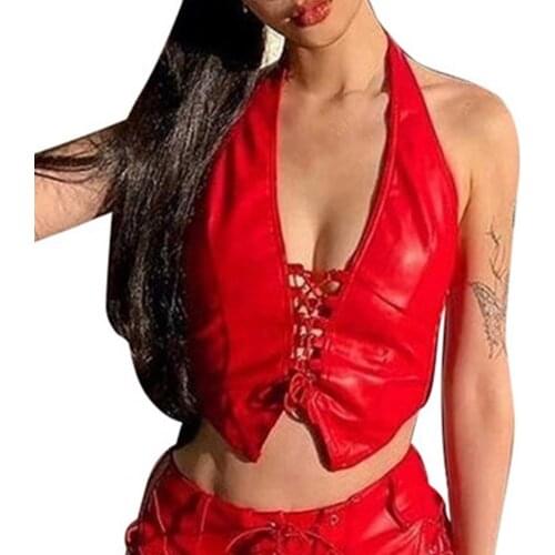 Stylish PU Leather Sexy Vest Halter Croped Tops women Sexy Deep V Lace Up Activity Club Wear Hollow Out Basic Street Tshirt
