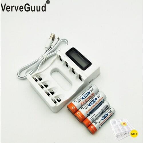 VerveGuud 4Slots Ulrea Fast Smart Intelligent Battery Usb Charger With LCD Display + 2pcs AA + 2pcs AAA Rechargeable Batteries