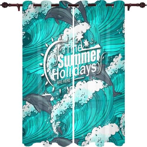 Waves Dolphin Cartoon Valance Window Curtains For Living Room Bedroom Kitchen Home Luxury Youth Room Treatment Window Curtains