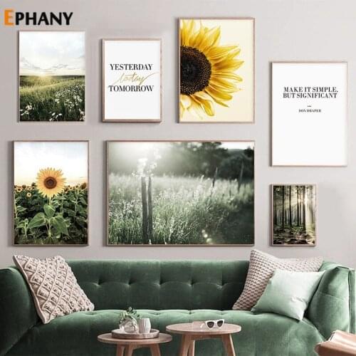 Sunrise Forest Path Nature Meadow Landscape Wall Art Sunflower Canvas Painting Nordic Posters and Prints Picture for Living Room