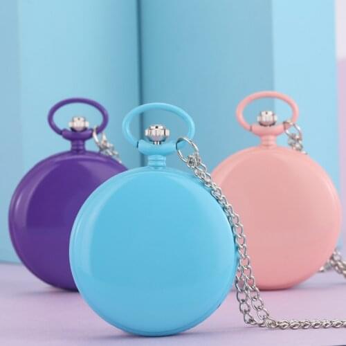 Lively Colorful Quartz Solid Color Pocket Watch Smooth Shell Roman Numerals Classic Dial Chain Pendant Women Man Couple Clock