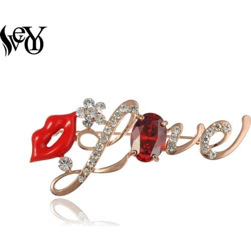 VEYO Fashion Sexy Red Lips Love Brooch for Women Rhinestone Crystal Pins Jewelry Hats Accessory Wholesale