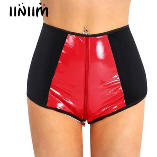 Fashion Women Hot Wetlook Sexy Panties Faux Leather High Waist Zipper Crotch Briefs Underwear for Dancer Costumes Night Clubwear