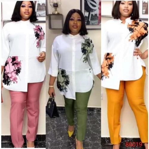 2 piece womens slim solid trousers and mid-sleeve shirt stand-up collar split top 2020 fashion print irregular office lady suit