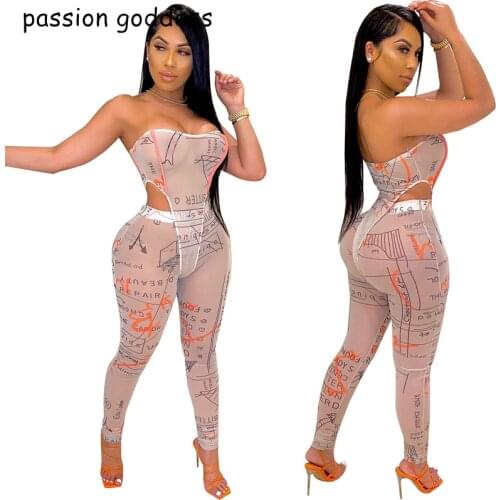 Women Summer Strapless Sexy Print Sheer Mesh Night Club Bodysuit Long Pant 2 Piece Set Off The Shoulder Party Matching Clothing