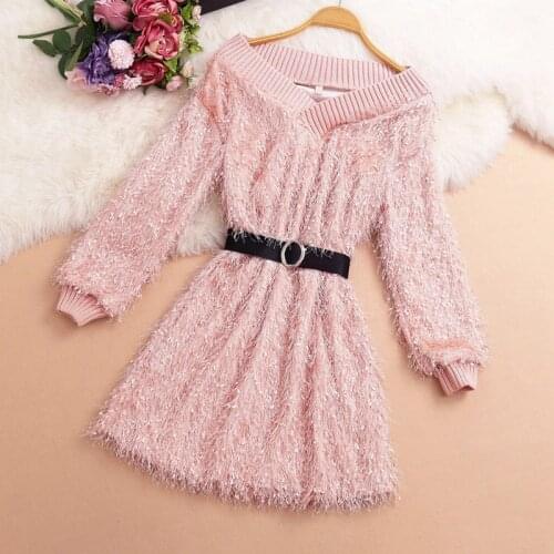 Womens tassel Dress With Bow Belt Tassel Long Sleeve High Waist Solid Lady Mini bandage Dresses Woman Vestido Female LS264