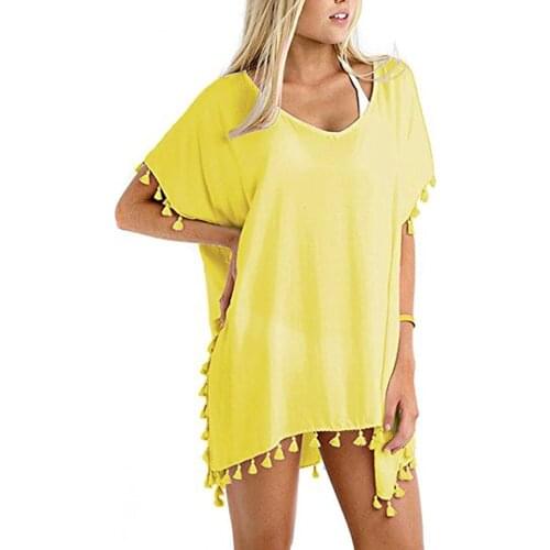 Fashion Sexy Bat Short Sleeve Tassel Solid Color V-neck Loose Casual Womens Beach Irregular Dress Thin Free Delivery