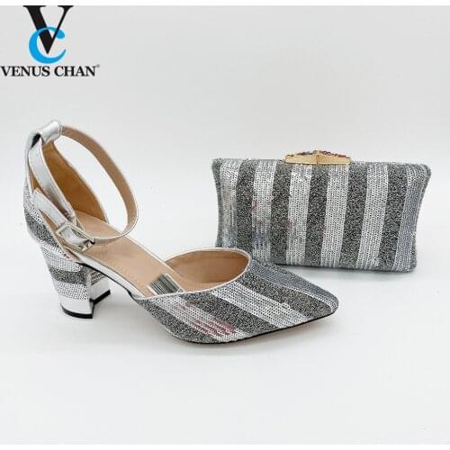 Mature Style Silver Color High Quality African Women Shoes and Bag to Match Pointed Toe SandaLS for Garden Party