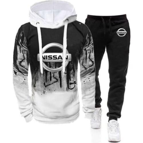 NISSAN Logo 2021 New Casual Gradient Tracksuit Men 2 Pieces Sets Sweatshirts Mens Clothes Pullover Hoodies Pants Sport Suit