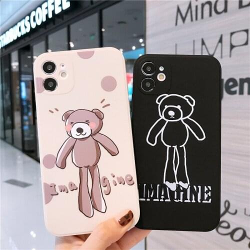Lovely Cartoon Bear Phone Case For iPhone 12 Mini 11 Pro Max X XS XR 7 8 6 6S Plus SE 2020 Square Straight Edge Soft TPU Cover