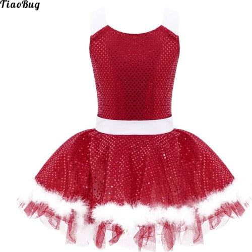 TiaoBug Kids Girls Ballet Latin Dance Performance Party Christmas Costumes Cami Dress Sequins Faux Fur Adorned Dance Leotard