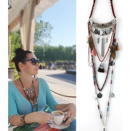 Elegant Gypsy Statement Long Necklace Ethnic jewelry boho necklace tribal collar Tibet Silver Jewelry
