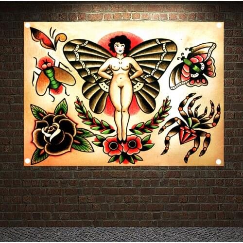 Insect butterfly girl Tattoo Art Print Poster Banners Wall Chart Senior Art Waterproof Cloth Tapestry Flag Home Decor Upholstery