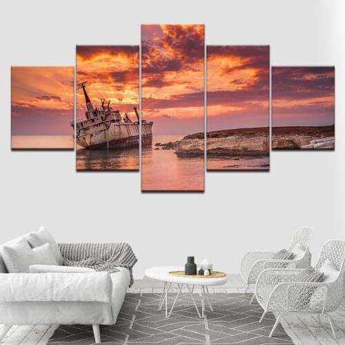 Worn ship on sea and sunset seascape 5 Piece HD Wallpapers Art Canvas Print modern Poster Modular art painting Home Decor