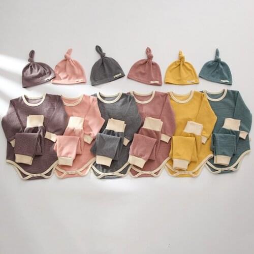 Korean Style Spring Autumn Baby Boy Girl Romper Suit Jumpsuit&Pant&Hat 3PCS Pure Color Winter Warm Newborn Baby Home Clothes