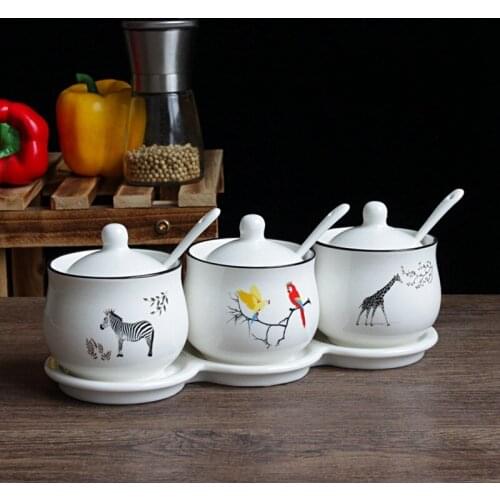 Korean Ceramic Seasoning Jar Box 3pcs Set Tropical Animals Seasoning Combination Kitchen Supplies Set Storage Boxes Kit Salt Sug