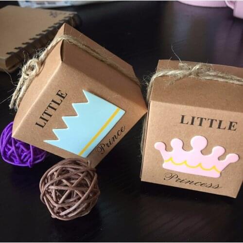 50pcs Baby Shower Candy Box Little Prince Princess Square Crown Kraft Paper Party Gift Boxes Girl Boy Kids Birthday Favors Box