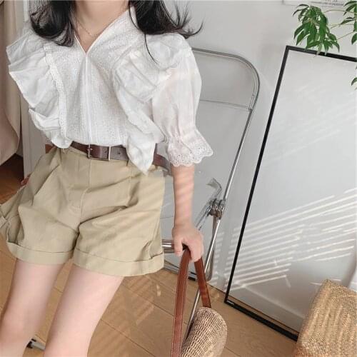 Summer Girls Clothing Sets New Arrival 100% Cotton White Lace V-neck Blouses+Casual Short Pants Kids Clothes For 2-7Yrs Outfits