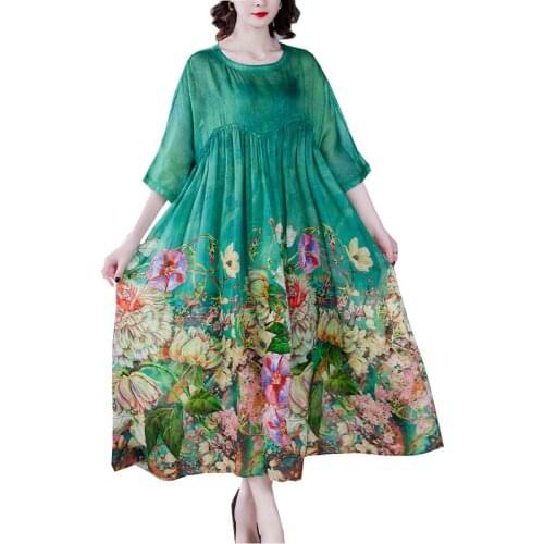 2021New Plus Size Loose Mulberry Silk Maxi Sundress Ummer Casual Floral Boho Beach Midi Dresses Elegant Loose Party FC1268
