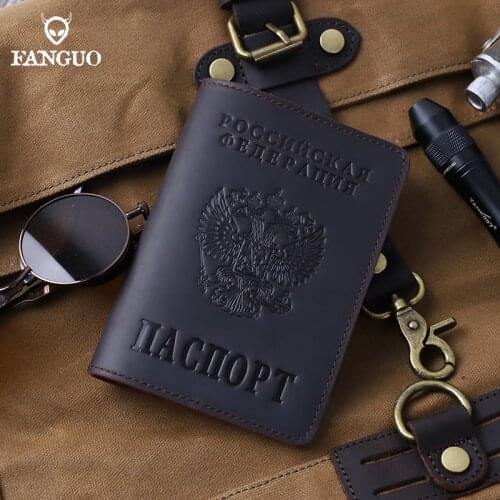 Top Crazy Horse Leather Engraved Russian Passport Cover Genuine Leather Covers For Passport Short Travel Pass Pack