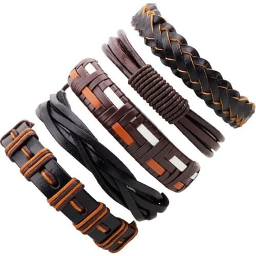 Wholesale Handmade Ethnic Tribal Genuine Leather Wrap Charming Braided Bracelets Black Brown Wristband Vintage Bangle Gift
