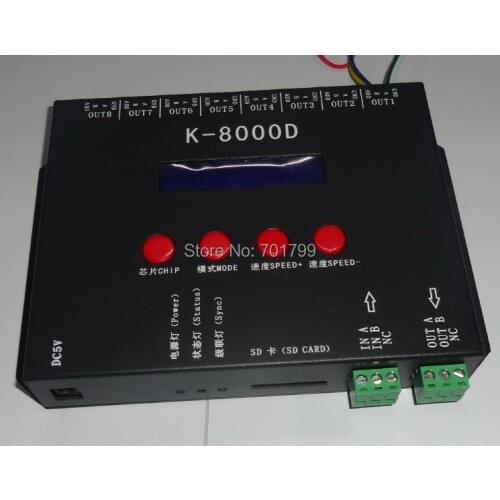 K-8000D;8ports(512pixels*8)DMX SD card pixel controller;support standard dmx512 chip/DMX512AP-N/WS2821A;address writer function