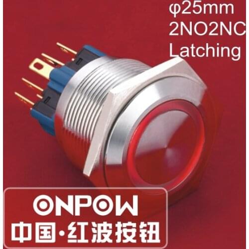 ONPOW 25mm 2NO2NC Latching LED ring illuminated Waterproof IP65 Stainless steel Push button switch (GQ25-22ZE/R/12V/S) CE, ROHS