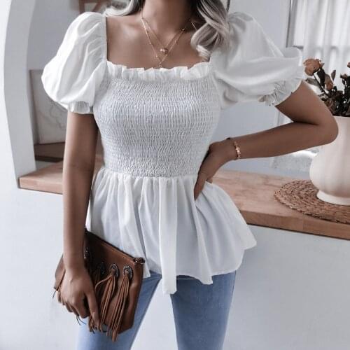Casual Bodycon Ruffles T-shirts Women Summer 2021 White Tees Lantern Sleeve Shirts Woman Tshirts Loose Square Neck Harajuku Tops
