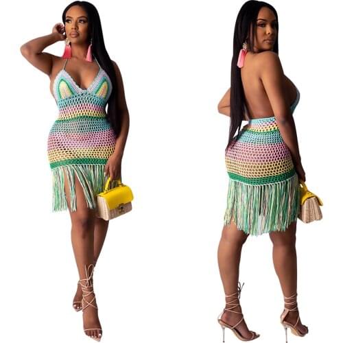 Sexy Hollow Out Halter Knitted Dress Women Multi Color Stripes Dress Beach One-piece Dress Handmade Crocheting Girl Summer Wear