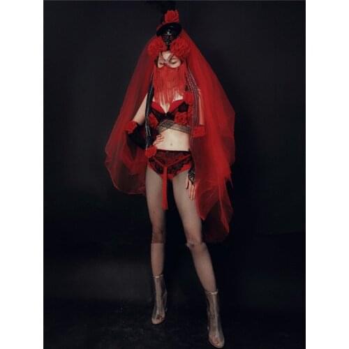 Sexy Lady Red Bikini Bra Suit Skull Headwear Stage Performance Ballroom Costume Halloween Cosplay DS DJ Men Clothes