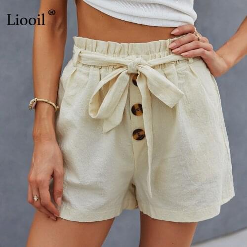 Liooil Casual Shorts Women High Waist With Pockets Belt Button Straight Leg Loose Ladies Shorts Summer Short Pants 2021 Vacation