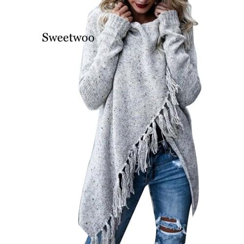 SWEETWOO Hot Women Solid Color Irregular Shawl Long Sleeve Tassels Knitted Sweater Cardigan