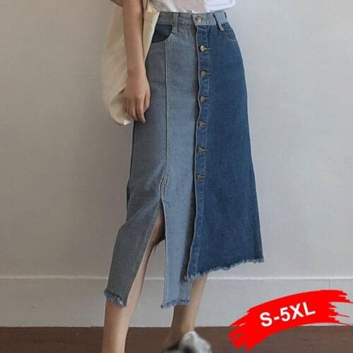 Button Size Street Plus Up Patchworked Asymmetry Midi Jeans Skirts 6xl Summer Vintage Slit Long Denim Harajuku Skirt 100s Girl
